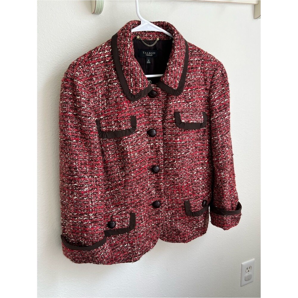 Talbots Red and Brown Trim Tweed Button-Front Jacket